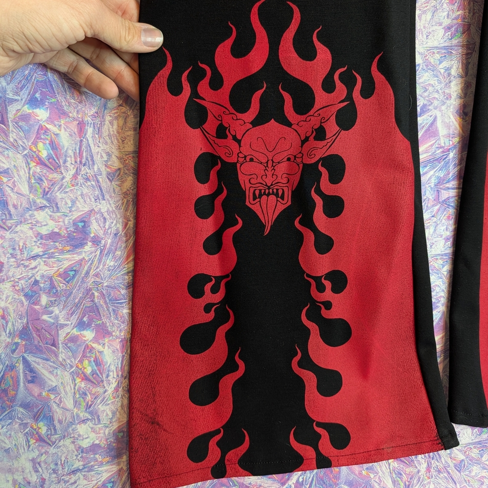 New Toxic Vision Designer Devil Screen Printed Tie Front Pants With Measurements - Picture 5 of 15